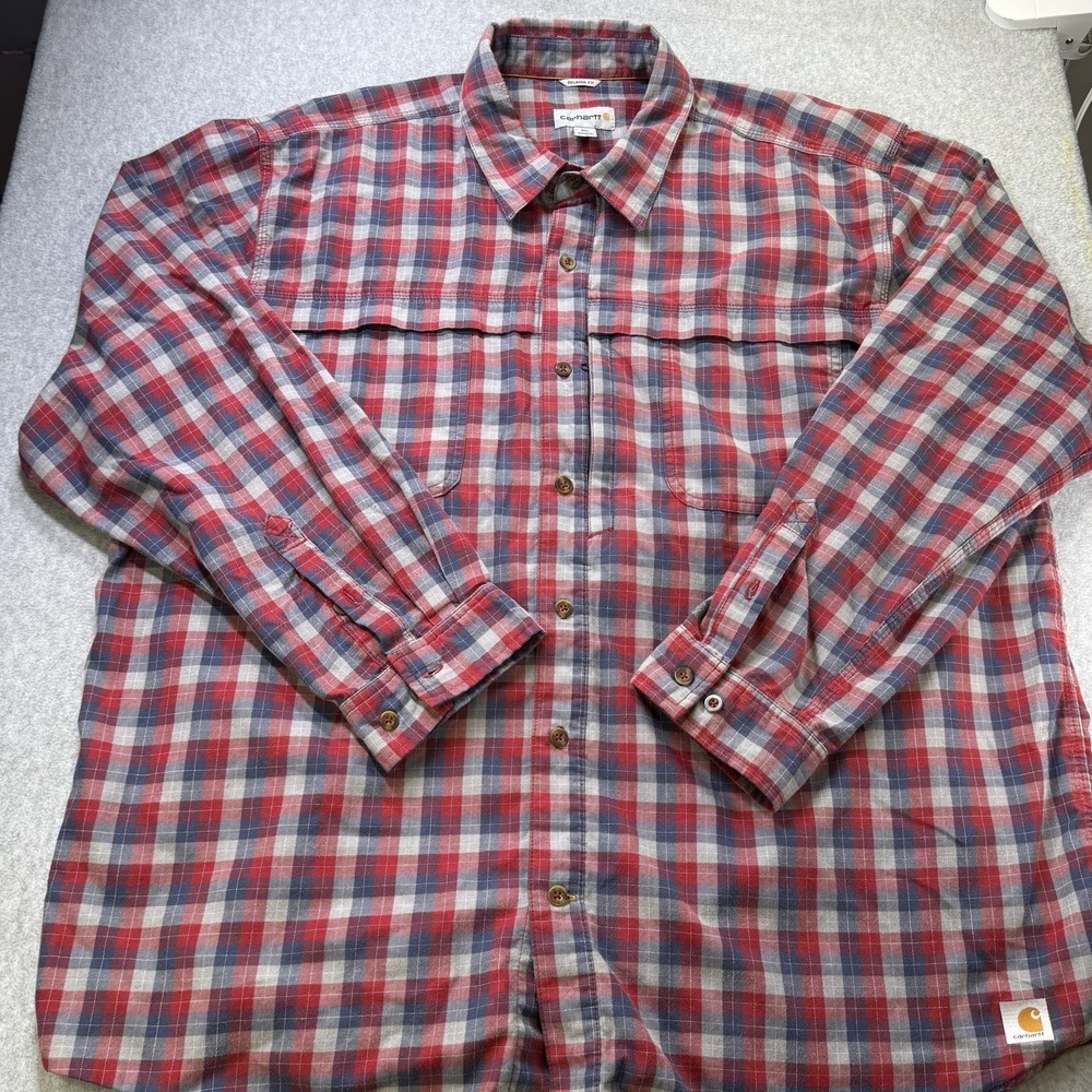 Carhartt Force Plaid Button Front Shirt 3XL Relaxed Fit Red Blue